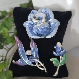 Silver and Blue Flower Brooch Pin Bundle